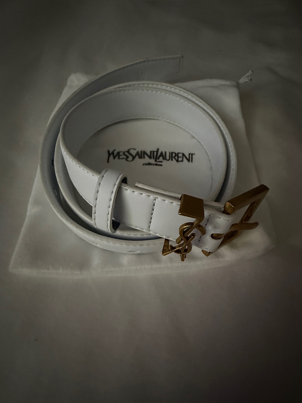 White Leather Belt with Gold Logo Accent